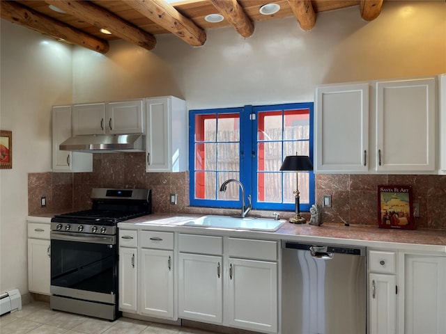 kitchen with appliances with stainless steel finishes, a sink, under cabinet range hood, white cabinetry, and backsplash