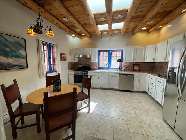 kitchen with decorative light fixtures, stainless steel appliances, decorative backsplash, white cabinets, and wooden ceiling