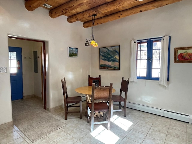 dining area featuring light tile patterned floors, visible vents, wooden ceiling, a baseboard radiator, and beam ceiling