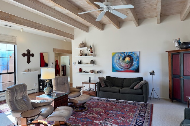 living area with wood ceiling, visible vents, a baseboard heating unit, and beam ceiling