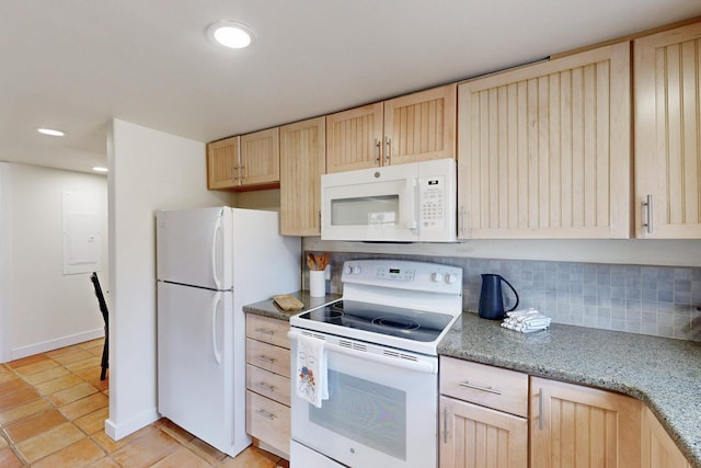 kitchen featuring light brown cabinetry, white appliances, backsplash, and recessed lighting