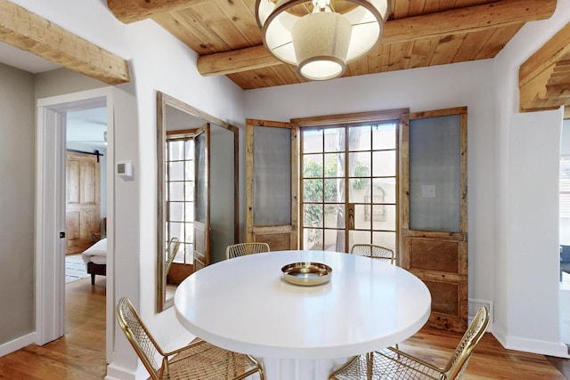 dining area featuring plenty of natural light, wood ceiling, light wood-style floors, and beamed ceiling