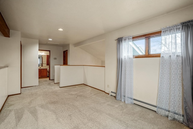 unfurnished room featuring baseboards, recessed lighting, a baseboard radiator, and light colored carpet