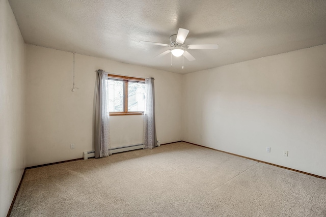 unfurnished room with light carpet, a baseboard heating unit, a textured ceiling, and a ceiling fan