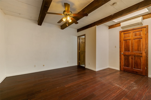 unfurnished room with dark wood-type flooring, an AC wall unit, beamed ceiling, and baseboards