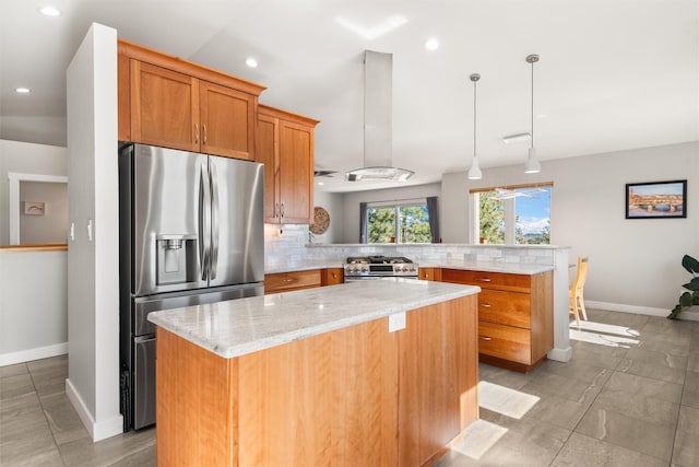 kitchen featuring tasteful backsplash, island range hood, a kitchen island, appliances with stainless steel finishes, and a peninsula