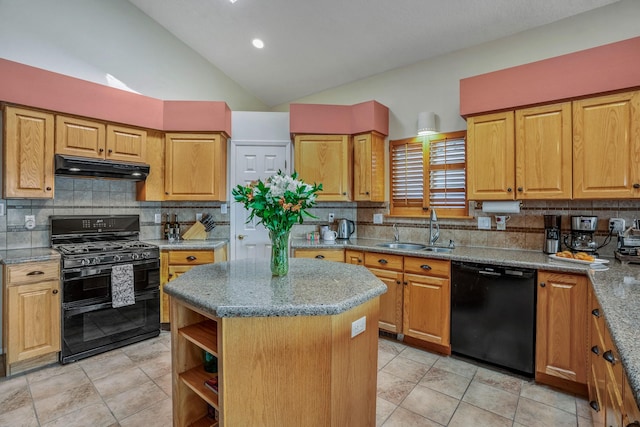 kitchen with open shelves, a kitchen island, a sink, under cabinet range hood, and black appliances