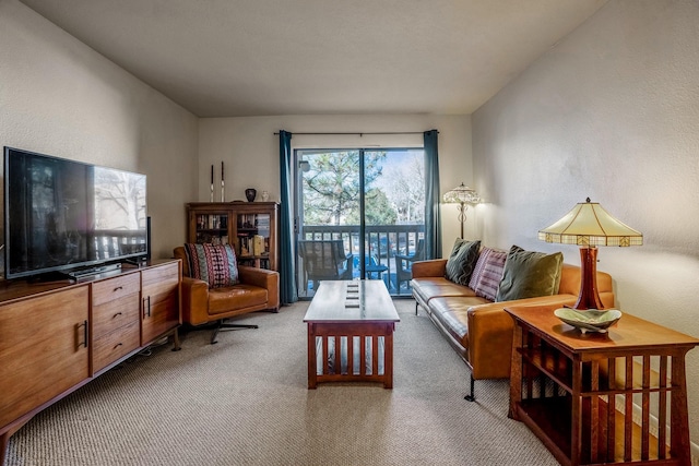 living area featuring carpet flooring and a textured wall