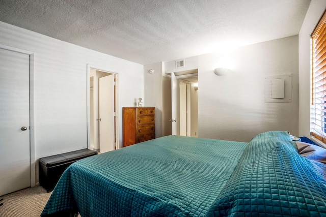 bedroom featuring carpet and a textured ceiling