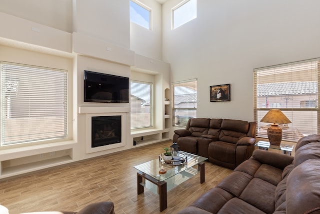 living area with wood finished floors and a glass covered fireplace