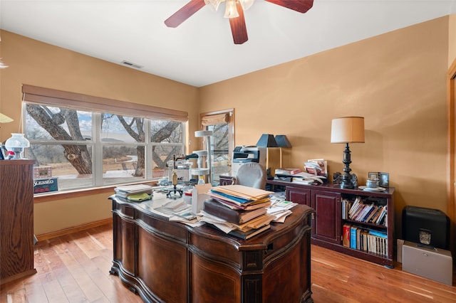 office with ceiling fan, light wood-type flooring, and visible vents