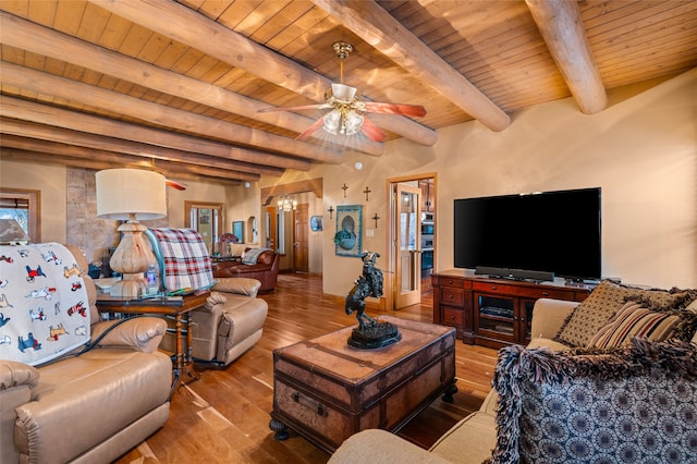 living room with wooden ceiling, ceiling fan, wood finished floors, and beamed ceiling