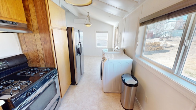 kitchen featuring vaulted ceiling with beams, appliances with stainless steel finishes, washer / clothes dryer, and under cabinet range hood