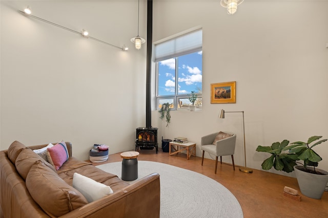 living room featuring a wood stove