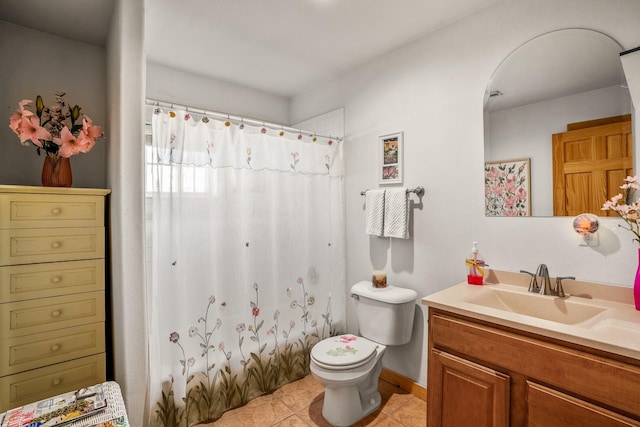 full bath featuring toilet, a shower with curtain, tile patterned flooring, and vanity