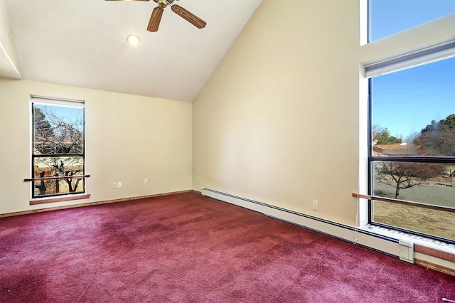 additional living space with carpet, a baseboard radiator, vaulted ceiling, and a wealth of natural light