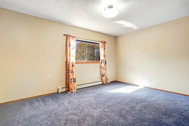 carpeted empty room with a baseboard heating unit, a textured ceiling, and baseboards