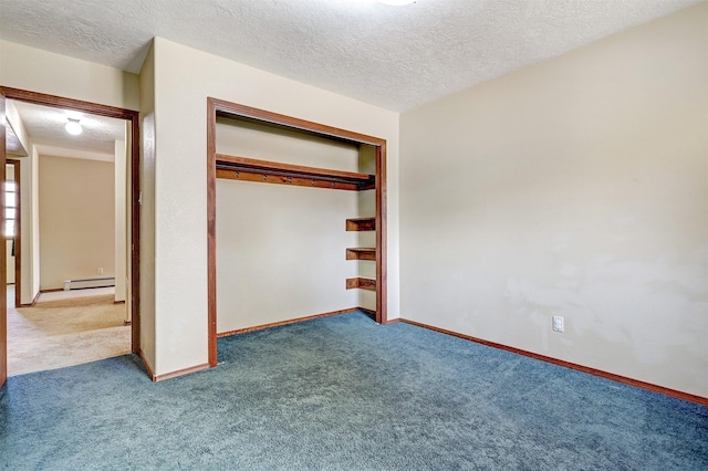 unfurnished bedroom featuring a textured ceiling, a baseboard radiator, carpet floors, baseboards, and a closet