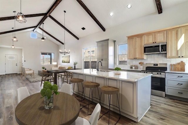 kitchen featuring appliances with stainless steel finishes, wood finished floors, a sink, and tasteful backsplash