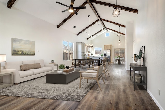 living area with high vaulted ceiling, dark wood finished floors, and beamed ceiling