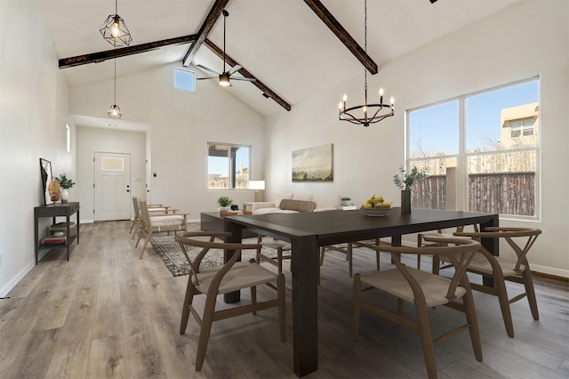 dining space with light wood finished floors, baseboards, high vaulted ceiling, and beam ceiling