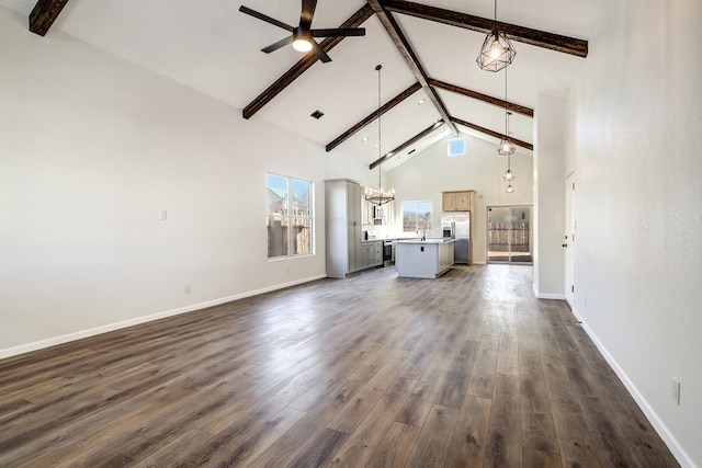 unfurnished living room featuring dark wood-style floors, high vaulted ceiling, beamed ceiling, and ceiling fan