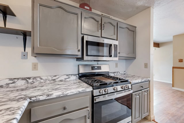 kitchen featuring light wood-style flooring, baseboards, stainless steel appliances, and gray cabinetry