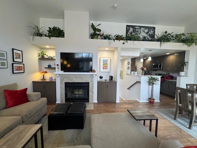 living room with a premium fireplace and wood finished floors