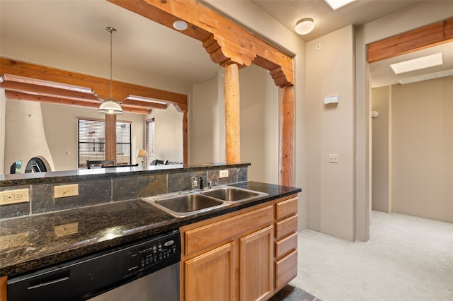 kitchen featuring decorative light fixtures, stainless steel dishwasher, light carpet, a sink, and beamed ceiling