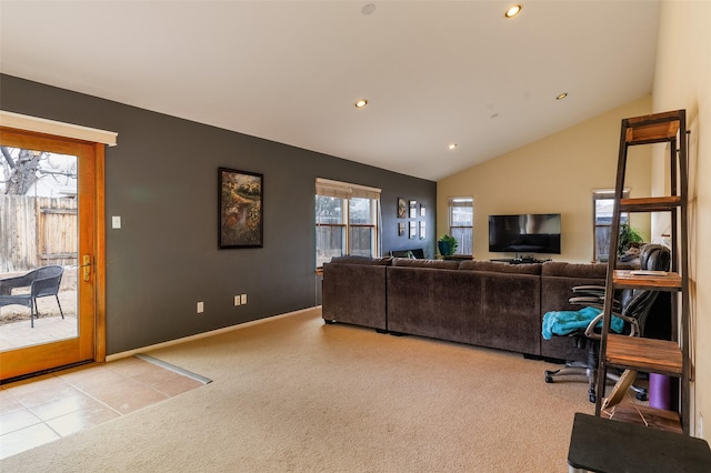 living area featuring lofted ceiling, carpet, baseboards, and recessed lighting