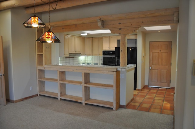 kitchen with decorative light fixtures, decorative backsplash, light carpet, a peninsula, and black appliances