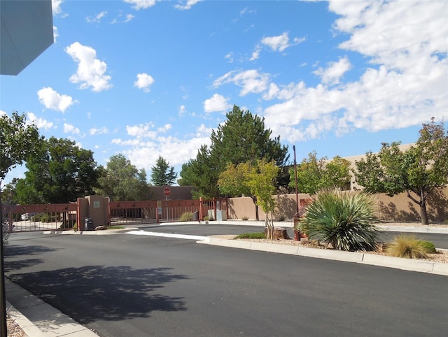 view of road with curbs, a gated entry, sidewalks, and a gate