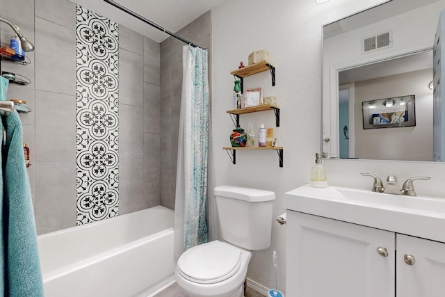 full bathroom featuring shower / bath combination with curtain, visible vents, vanity, and toilet