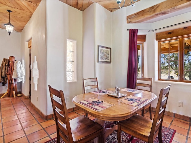 dining room with wood ceiling, baseboards, and light tile patterned flooring