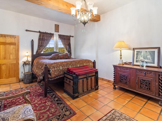 bedroom featuring light tile patterned floors, beam ceiling, baseboards, and a notable chandelier