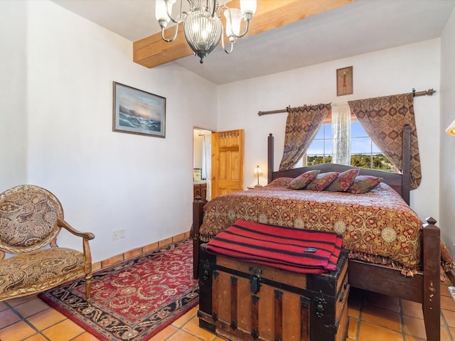 tiled bedroom with baseboards, beamed ceiling, and a notable chandelier