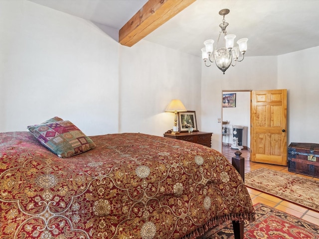 tiled bedroom with beamed ceiling and an inviting chandelier