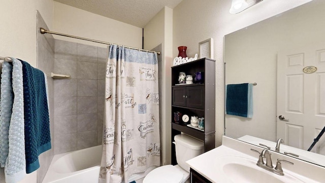 full bathroom featuring shower / bathtub combination with curtain, a textured ceiling, toilet, and vanity