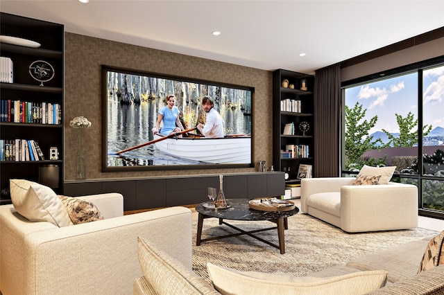 298 Brownell Howland, Santa Fe, NM 87501 - living room with wallpapered walls, recessed lighting, and built in shelves