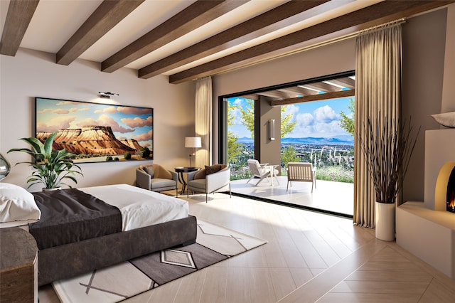 298 Brownell Howland, Santa Fe, NM 87501 - bedroom with access to exterior and beamed ceiling