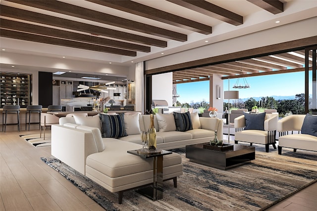 living area featuring a chandelier, beamed ceiling, light wood-style flooring, and recessed lighting