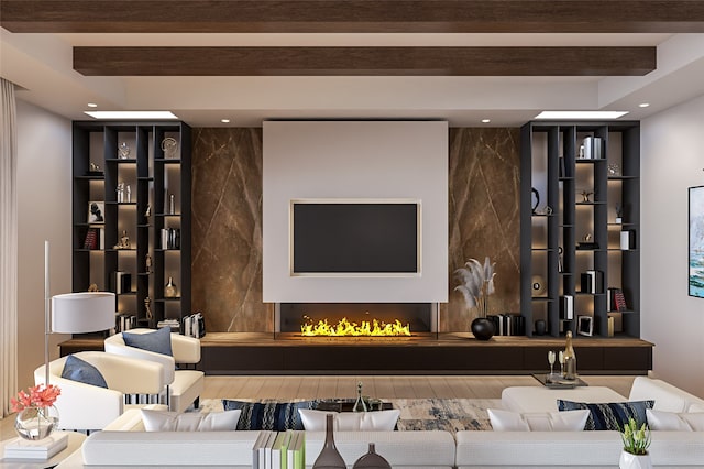 interior space with built in shelves, a fireplace, beamed ceiling, and recessed lighting