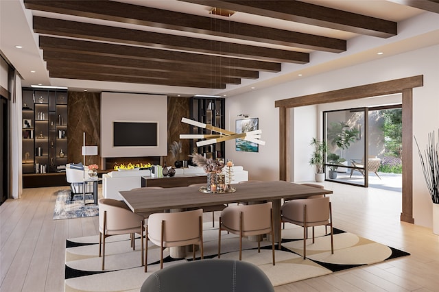 dining area with recessed lighting, a fireplace, beam ceiling, and light wood-style floors