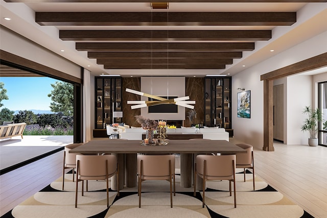 interior space featuring beamed ceiling, hardwood / wood-style floors, and recessed lighting