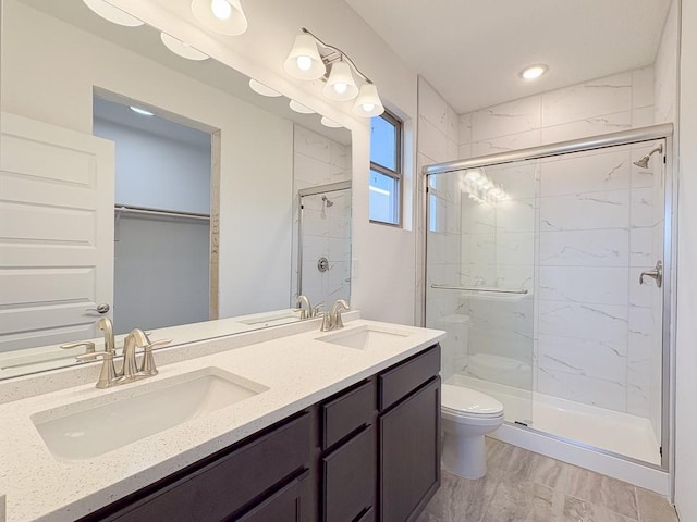 full bathroom with a sink, toilet, and a shower stall