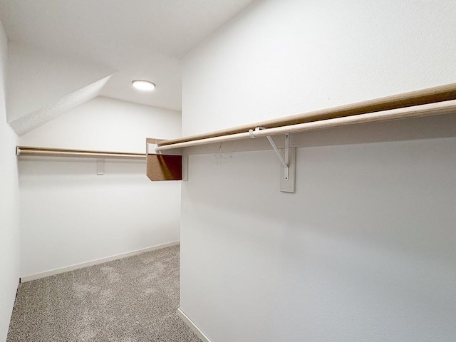 walk in closet featuring carpet floors and lofted ceiling