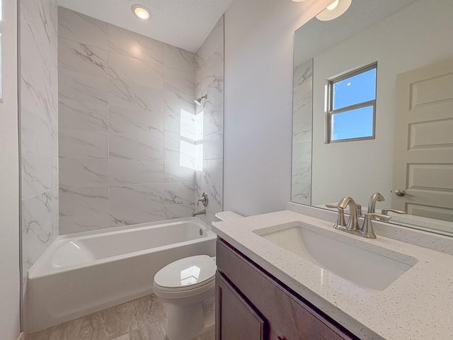 bathroom with shower / bathtub combination, vanity, and toilet