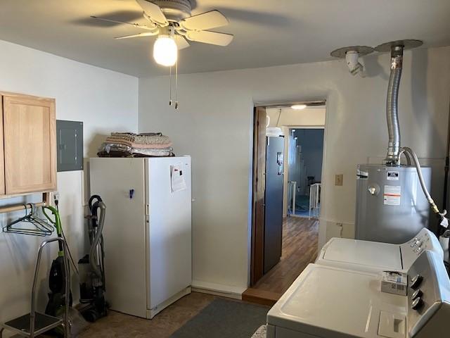 kitchen featuring electric panel, electric water heater, washing machine and dryer, freestanding refrigerator, and ceiling fan