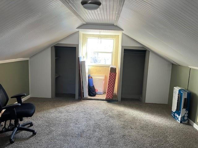 bonus room featuring heating unit, carpet flooring, and vaulted ceiling