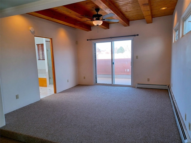 spare room featuring wooden ceiling, carpet, and beamed ceiling